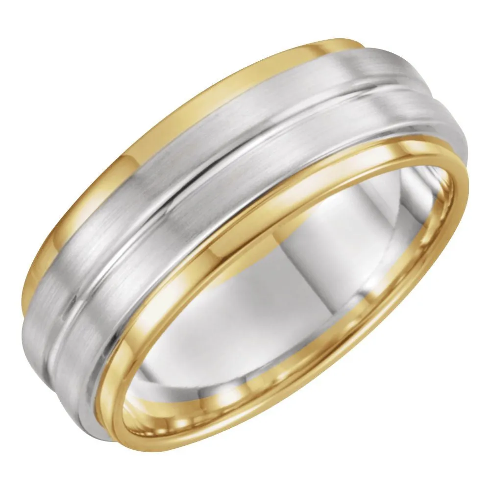 14K White & Yellow Gold 7mm Grooved Flat Edge Band Size 11