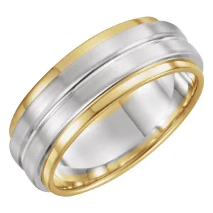 14K White & Yellow Gold 7mm Grooved Flat Edge Band Size 11