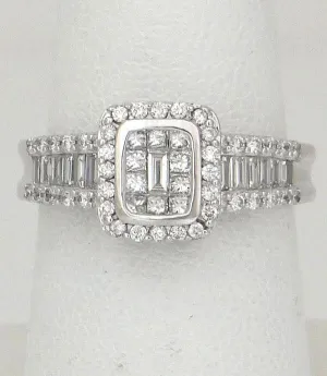14k White Gold .83ct Diamond Baguette Princess Round Halo Ring