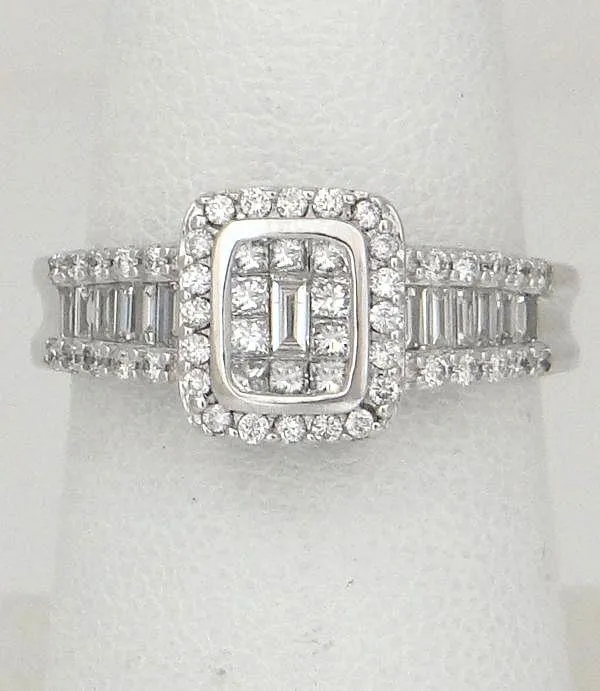 14k White Gold .83ct Diamond Baguette Princess Round Halo Ring