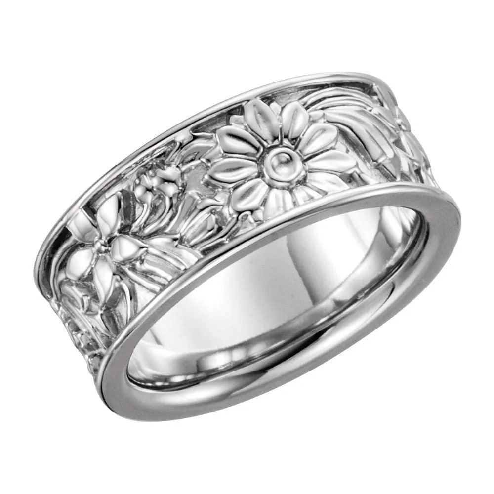 14k White Gold 8.5mm Floral-Inspired Band Size 8