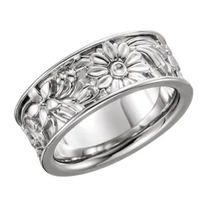 14k White Gold 8.5mm Floral-Inspired Band Size 8