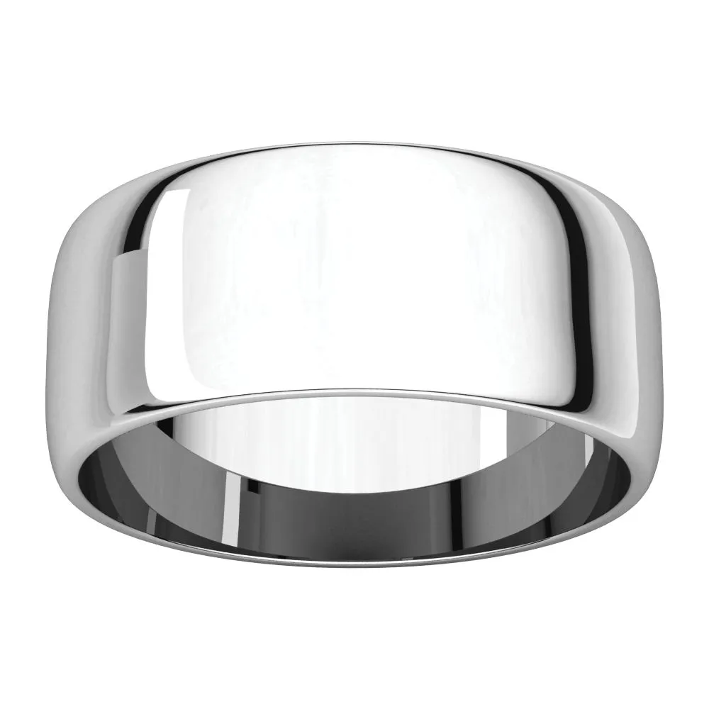 14k White Gold 8mm Half Round Light Band, Size 10.5