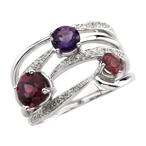 14k White Gold Amethyst, Garnet Rhodolite, Pink Tourmaline & 1/8 CTW Diamond Ring, Size 7