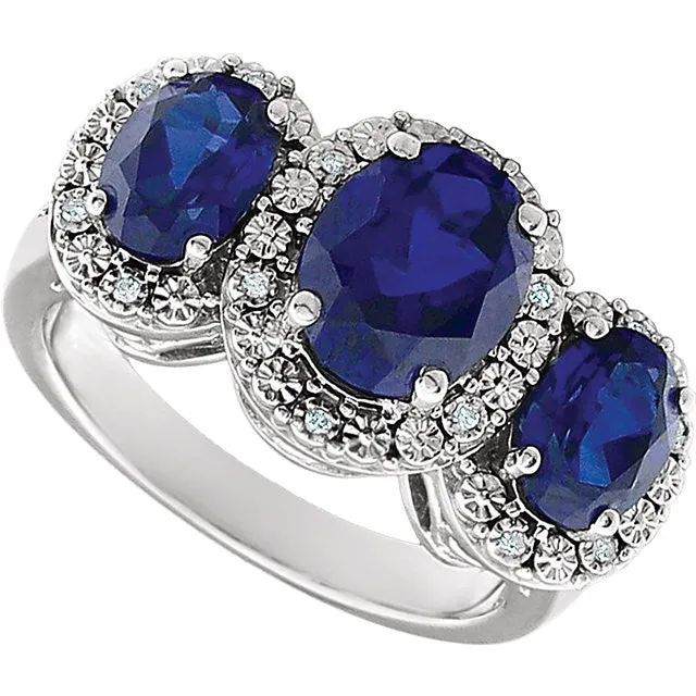 14k White Gold Created Blue Sapphire & .04 CTW Diamond Ring, Size 7