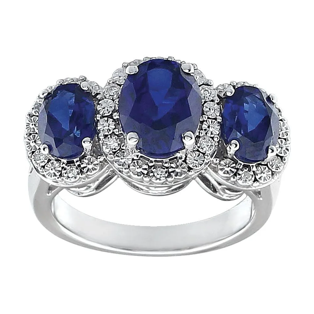 14k White Gold Created Blue Sapphire & .04 CTW Diamond Ring, Size 7