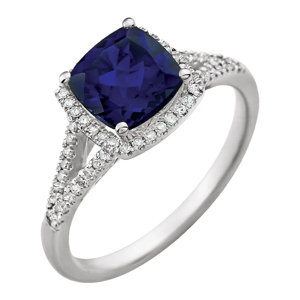 14k White Gold Created Blue Sapphire & 1/5 CTW Diamond Ring