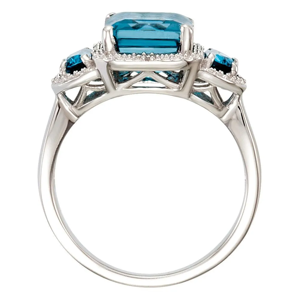 14k White Gold London Blue Topaz & .03 CTW Diamond Ring, Size 7
