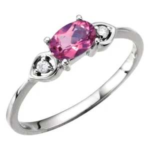 14k White Gold Pink Tourmaline & Diamond Accented 3-Stone Ring, Size 7