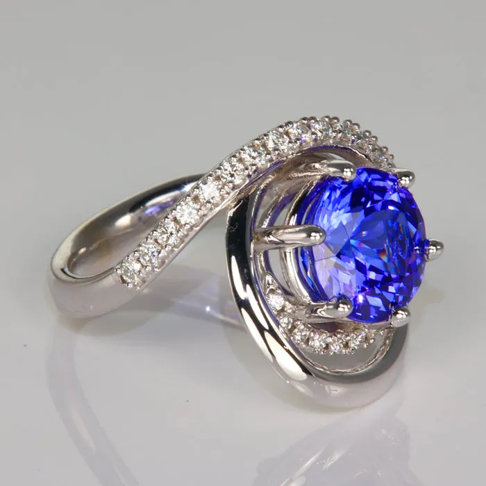14K White Gold Round Brilliant Tanzanite Ring with Swirl of Diamonds 5.20ct