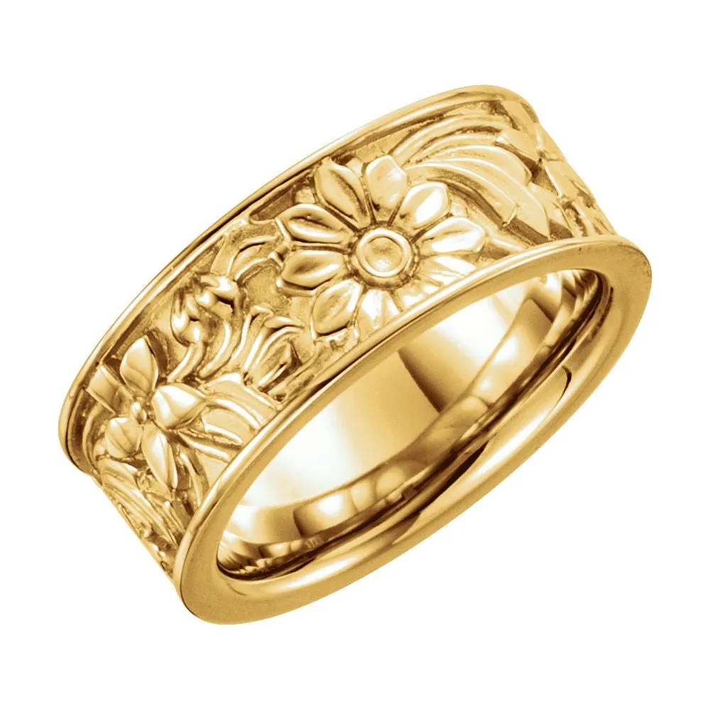 14k Yellow Gold 8.5mm Floral-Inspired Band Size 7