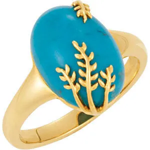 14k Yellow Gold Chinese Turquoise Leaf Design Ring, Size 7