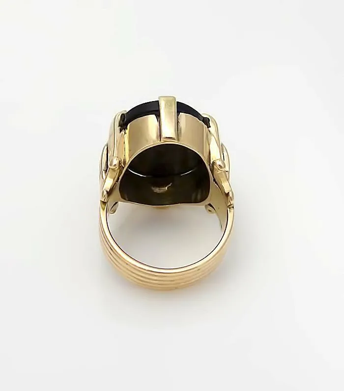 14k YELLOW GOLD CUSTOM MADE OVAL BLACK ONYX WHITE CARVED ANIMAL CAT RING