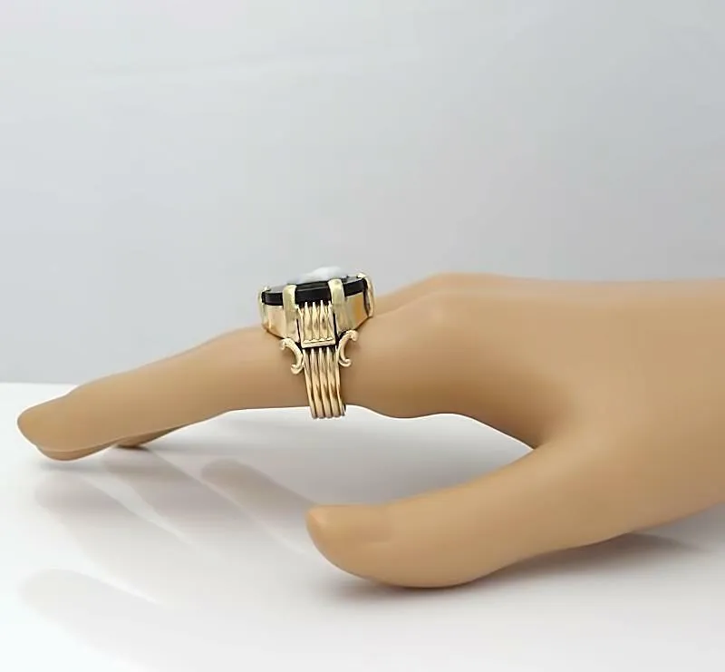 14k YELLOW GOLD CUSTOM MADE OVAL BLACK ONYX WHITE CARVED ANIMAL CAT RING