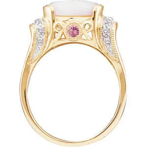 14k Yellow Gold Opal, Pink Tourmaline & 1/6 CTW Diamond Ring, Size 7