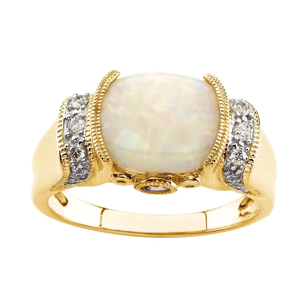 14k Yellow Gold Opal, Pink Tourmaline & 1/6 CTW Diamond Ring, Size 7