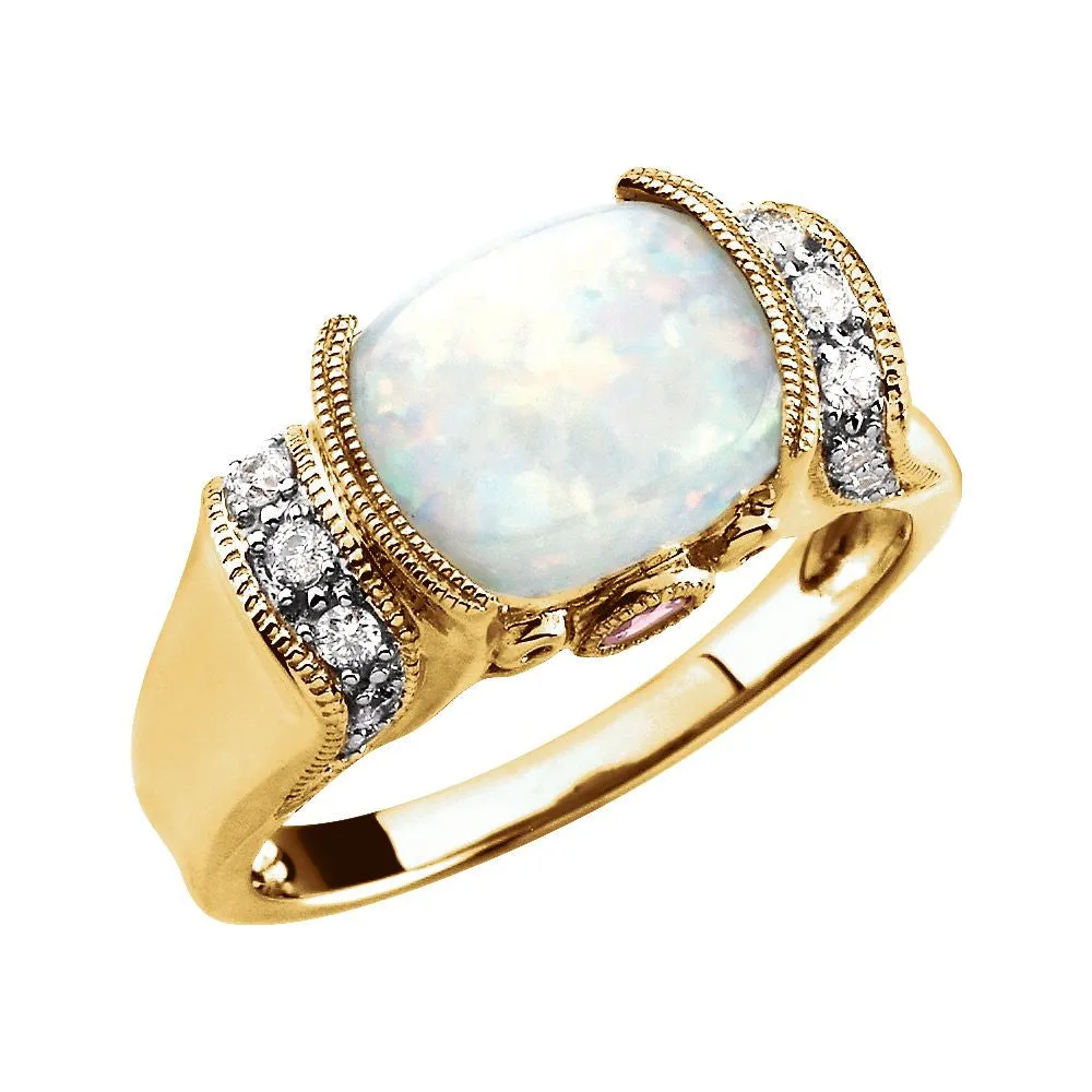 14k Yellow Gold Opal, Pink Tourmaline & 1/6 CTW Diamond Ring, Size 7
