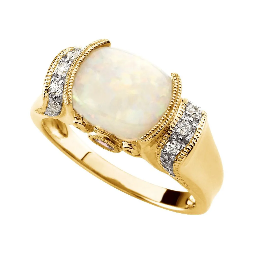 14k Yellow Gold Opal, Pink Tourmaline & 1/6 CTW Diamond Ring, Size 7