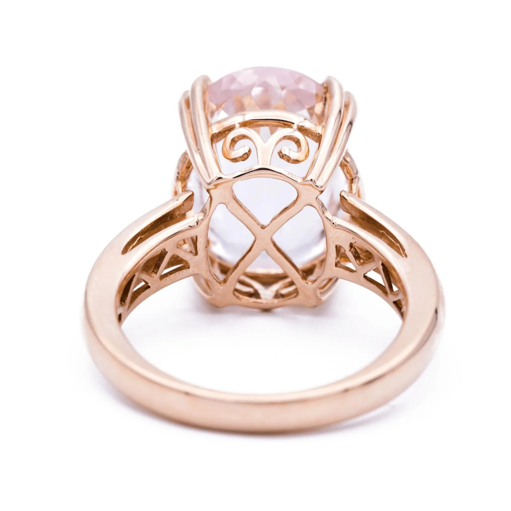 15mm x 11mm Oval Cut Faceted Peachy Pink Morganite Center Gem 14k Solid Rose Gold Antique Floral Basket Design 7.1 Carat Total Weight
