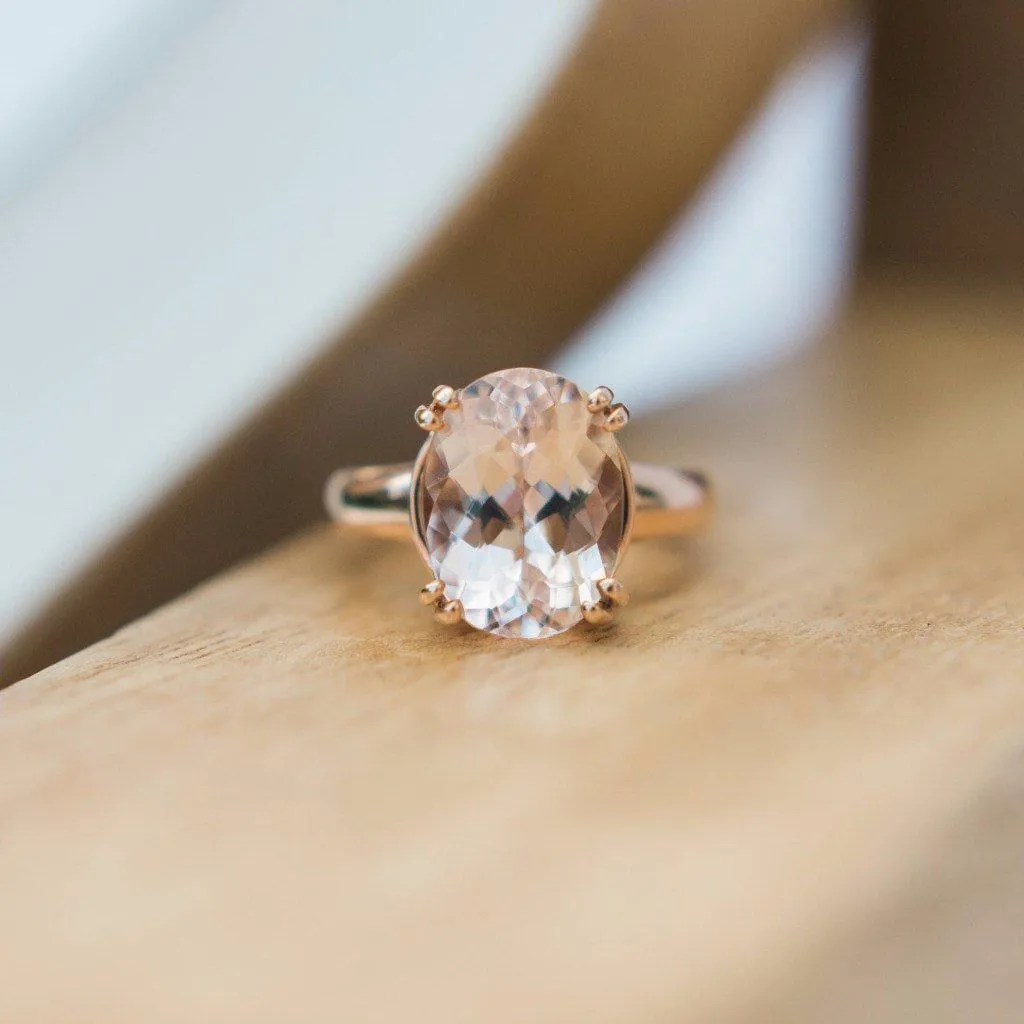 15mm x 11mm Oval Cut Faceted Peachy Pink Morganite Center Gem 14k Solid Rose Gold Antique Floral Basket Design 7.1 Carat Total Weight