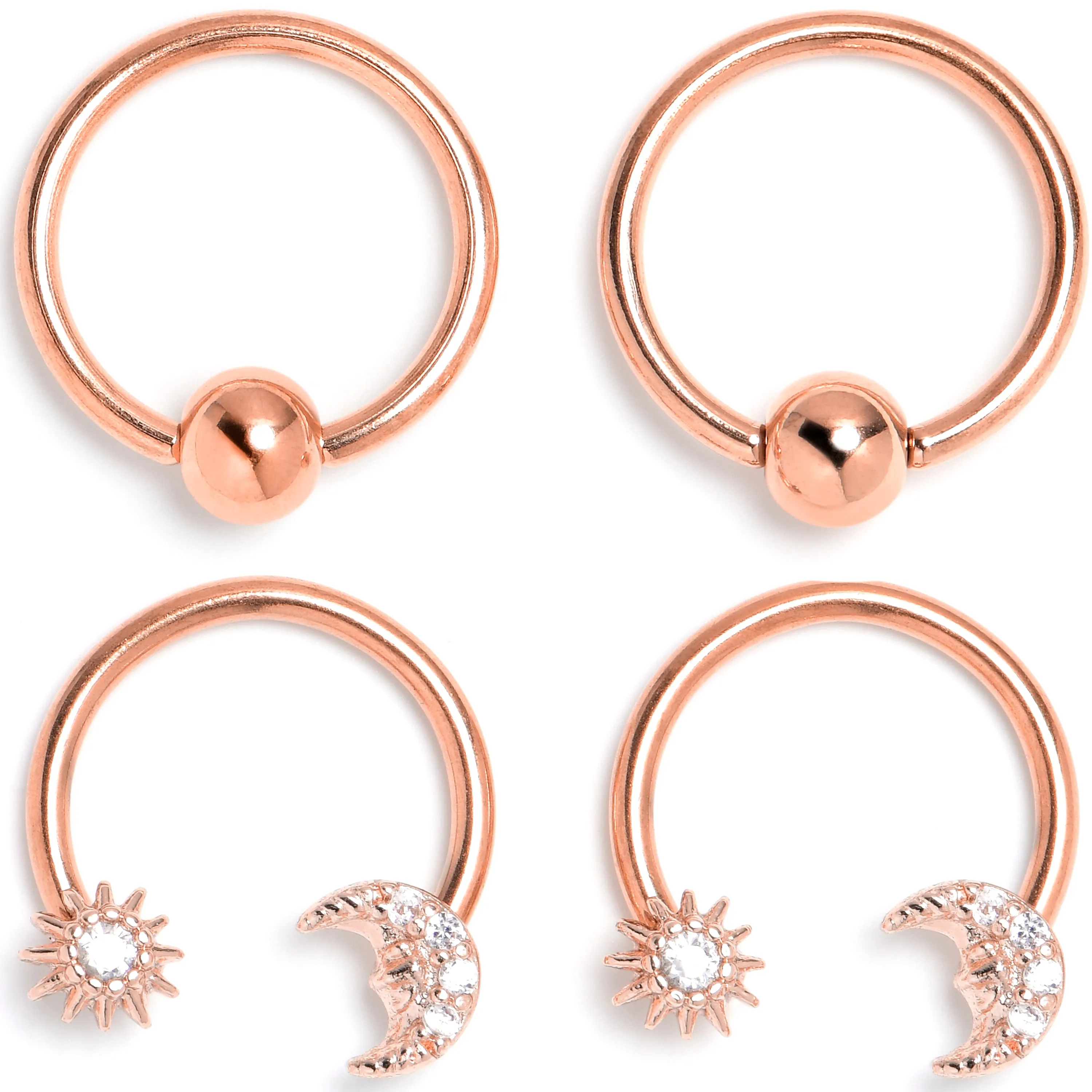 16 Gauge 3/8 Clear Gem Rose Gold Tone Moon Sun Captive Horseshoe Set of 4