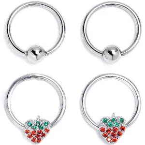 16 Gauge 3/8 Red Green Gem Strawberry BCR Captive Ring Set of 4