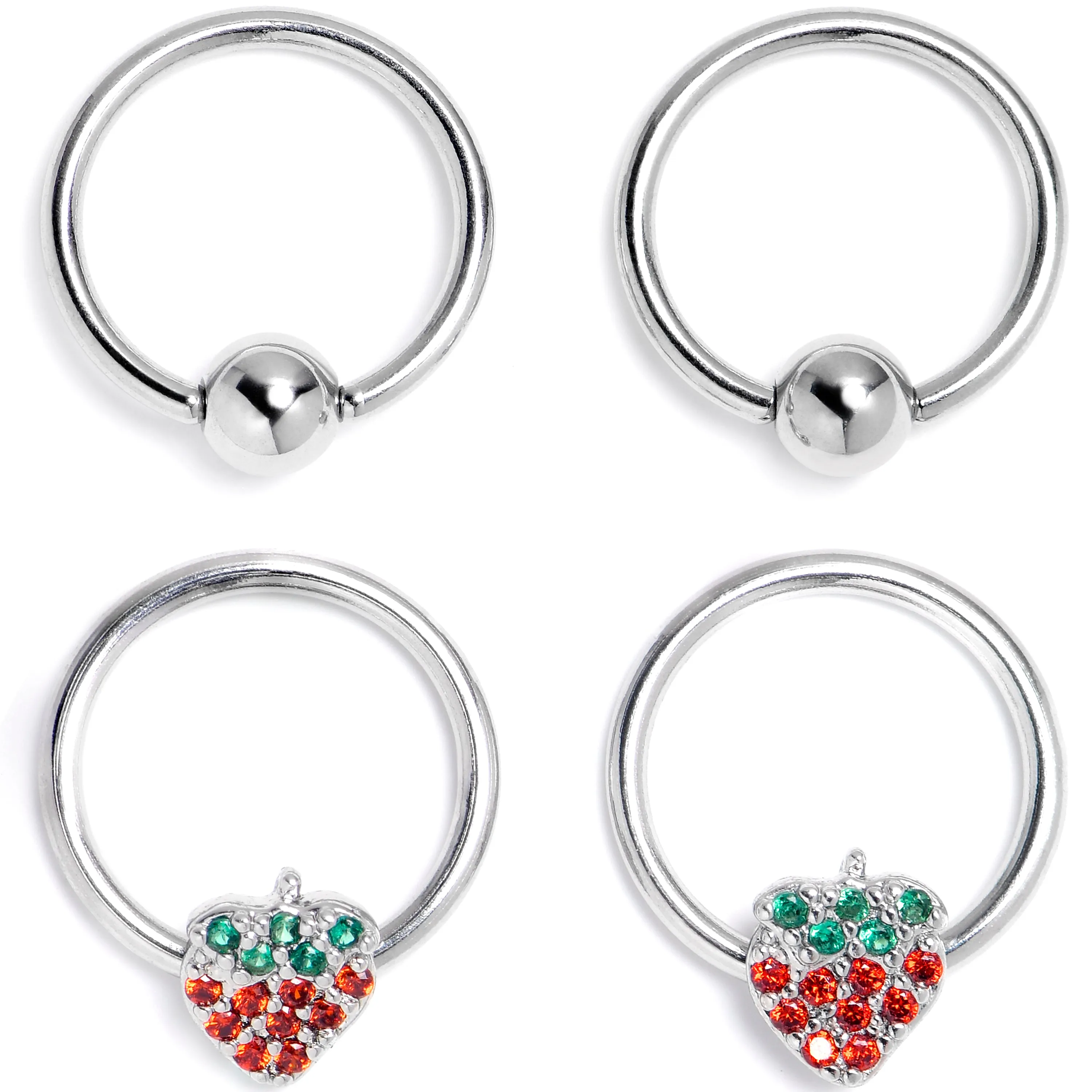 16 Gauge 3/8 Red Green Gem Strawberry BCR Captive Ring Set of 4