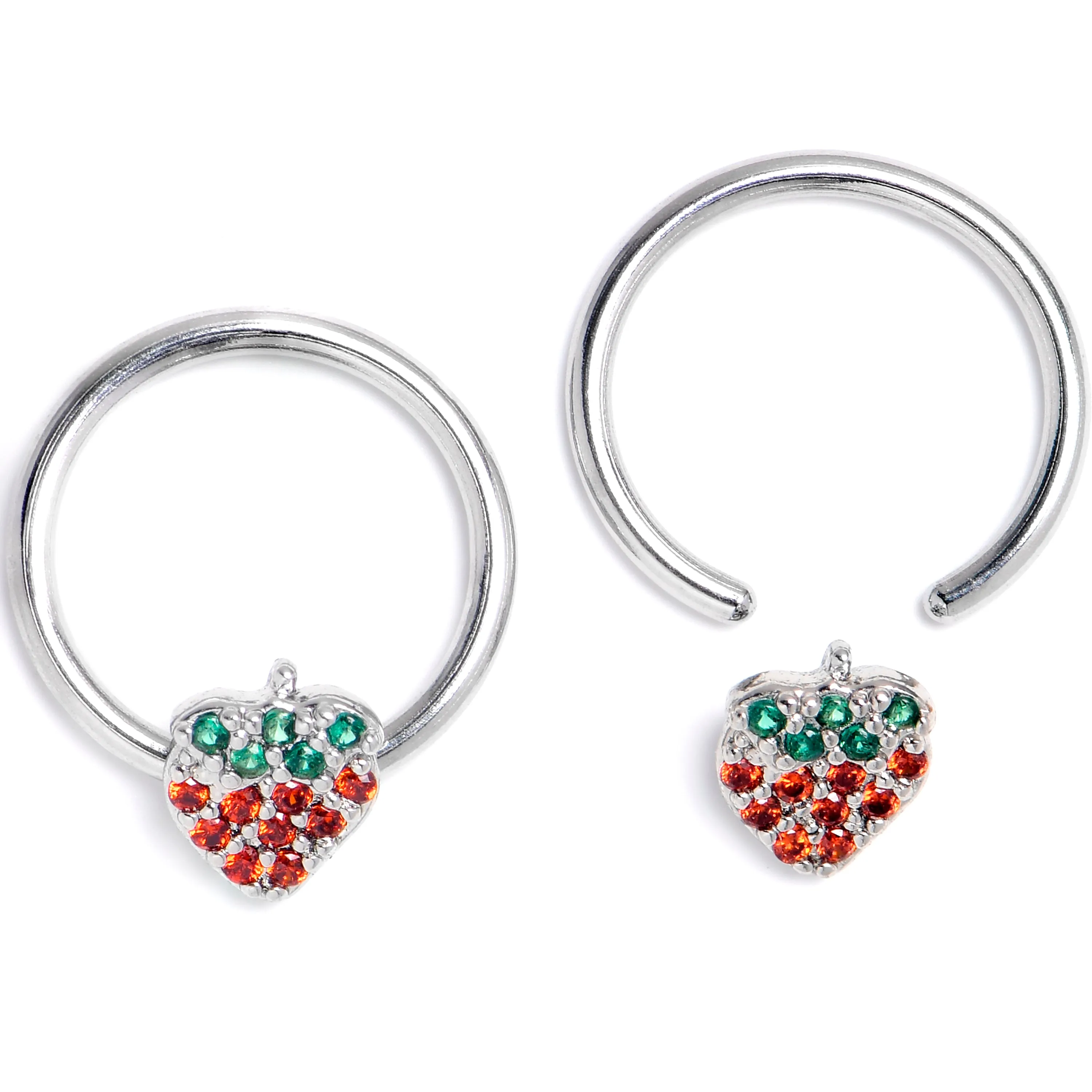 16 Gauge 3/8 Red Green Gem Strawberry BCR Captive Ring Set of 4