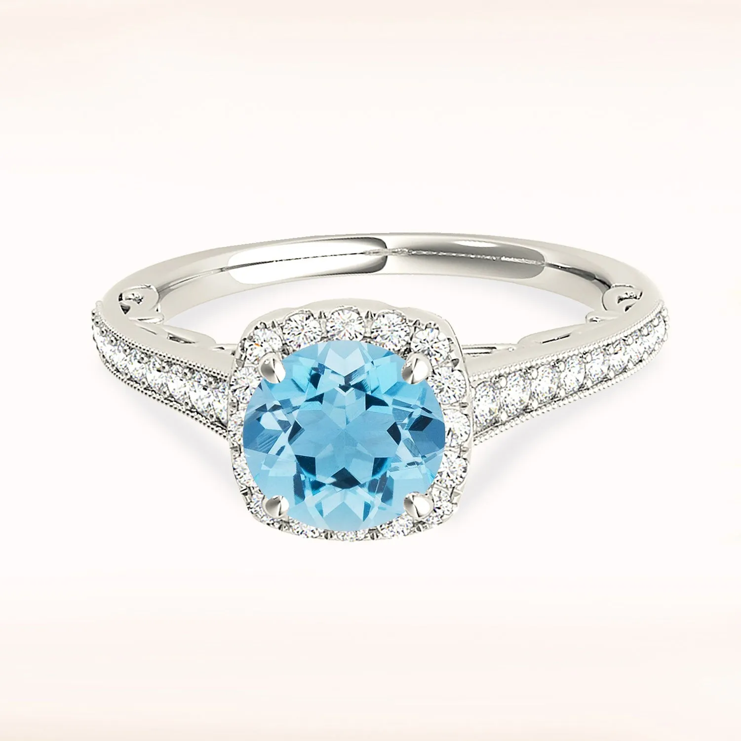 1.75 ct. Genuine Round Aquamarine Ring With Cushion Halo, Fancy Diamond band