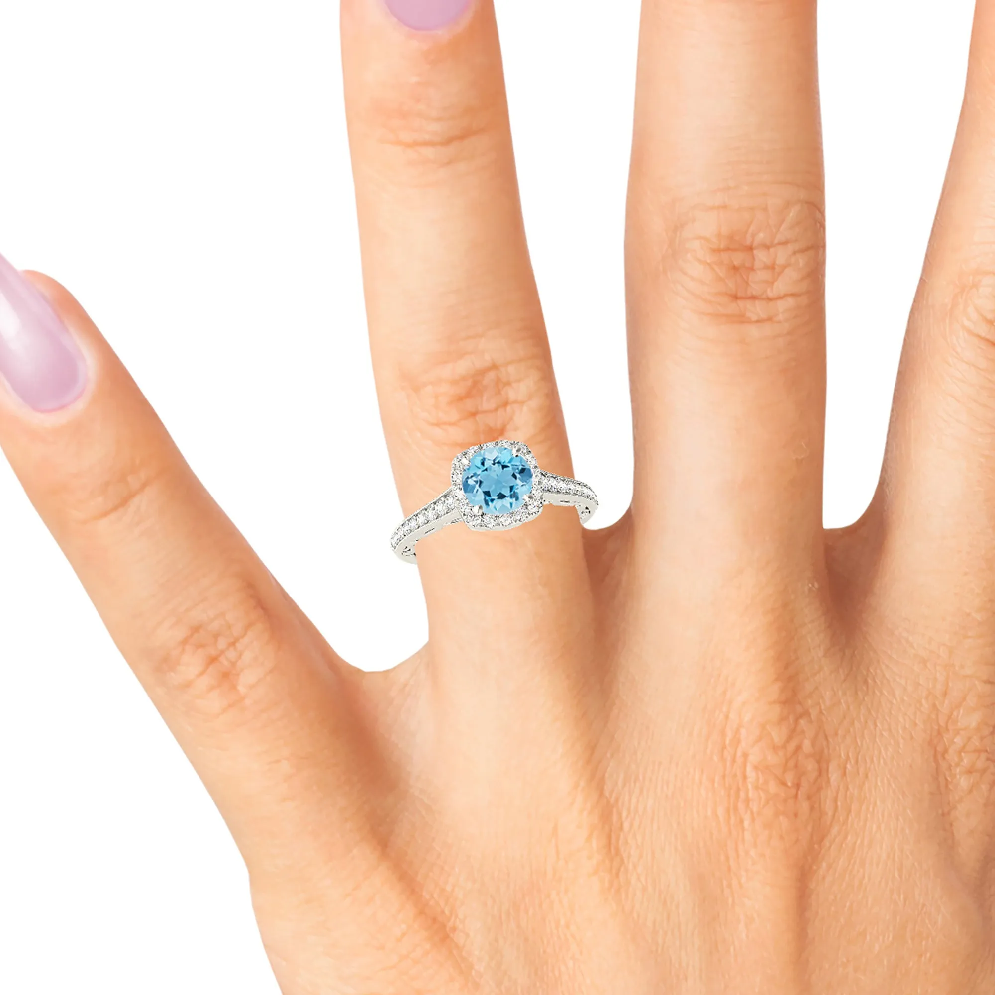 1.75 ct. Genuine Round Aquamarine Ring With Cushion Halo, Fancy Diamond band