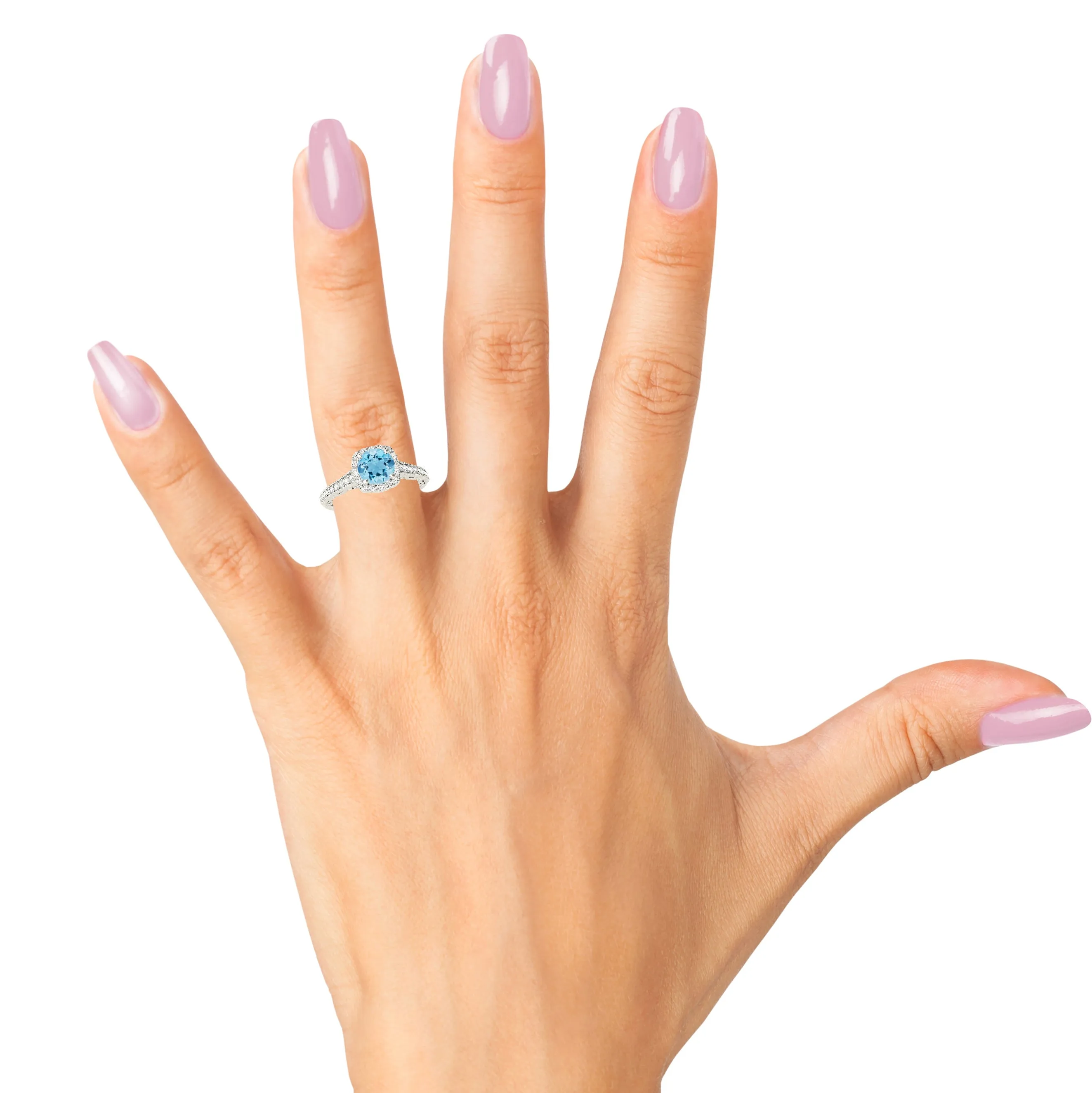 1.75 ct. Genuine Round Aquamarine Ring With Cushion Halo, Fancy Diamond band
