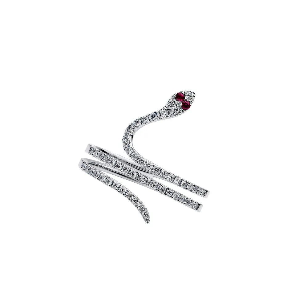 18 Karat White Gold Snake Ring with Diamonds and Rubies