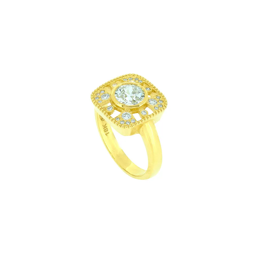 18 Karat Yellow Gold ring Old European Cut Diamond Round with open cut details