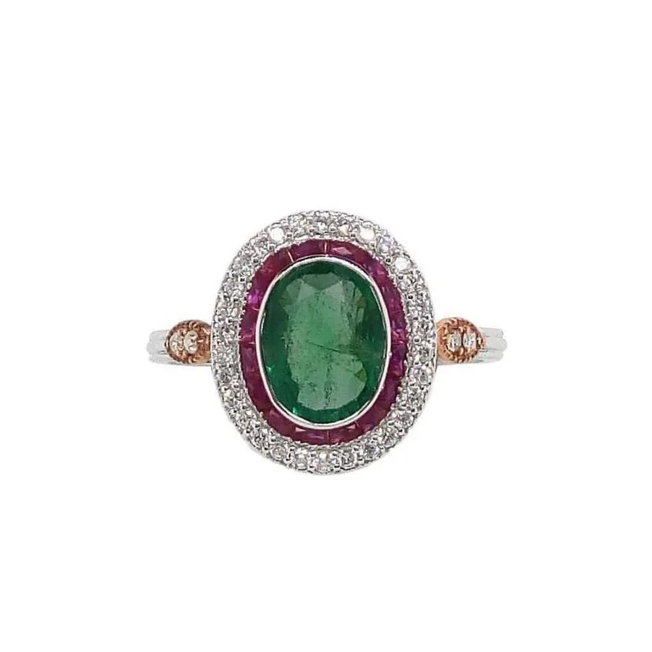 18K White Gold Natural Emerald, Natural Ruby and Diamond Ring