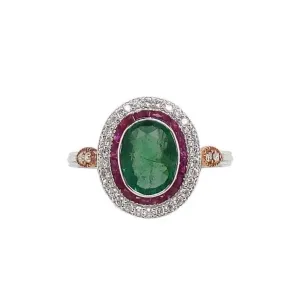 18K White Gold Natural Emerald, Natural Ruby and Diamond Ring