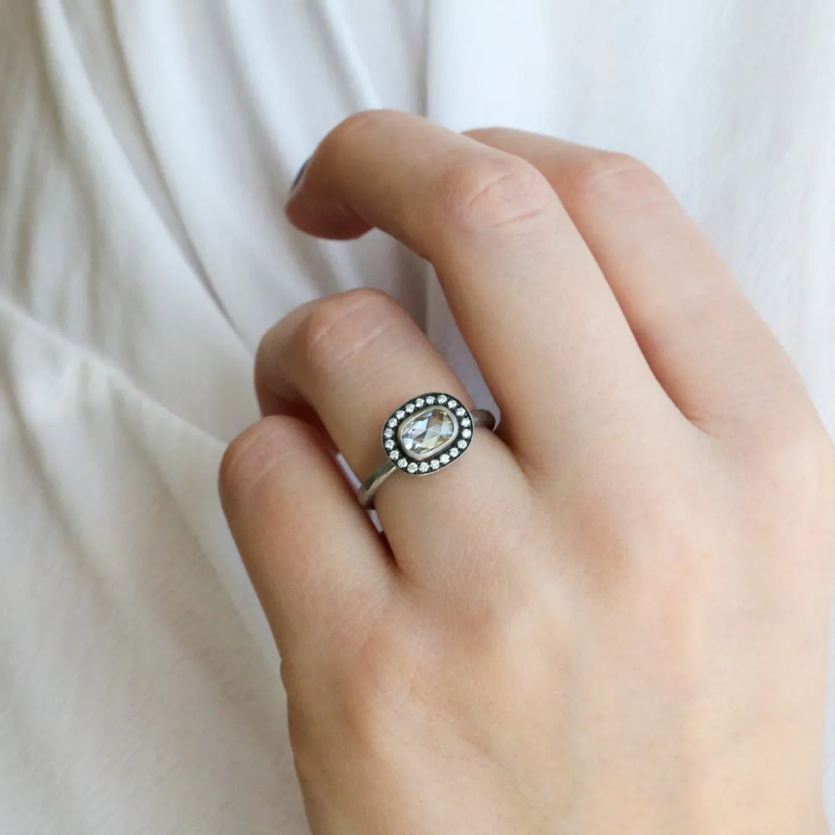 18K White Gold Oval Diamond Ring with Pave Diamond Halo