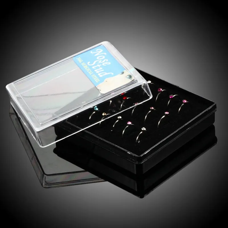 18PCS Box Set 316L Steel Crystal Nose Rings 20G