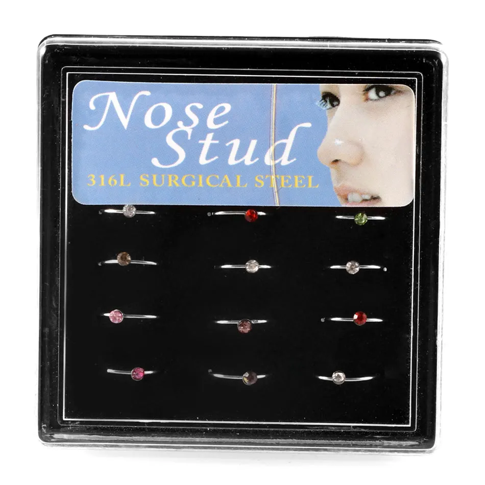 18PCS Box Set 316L Steel Crystal Nose Rings 20G