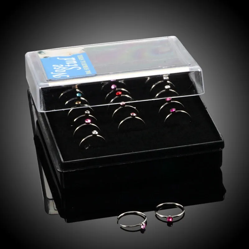 18PCS Box Set 316L Steel Crystal Nose Rings 20G