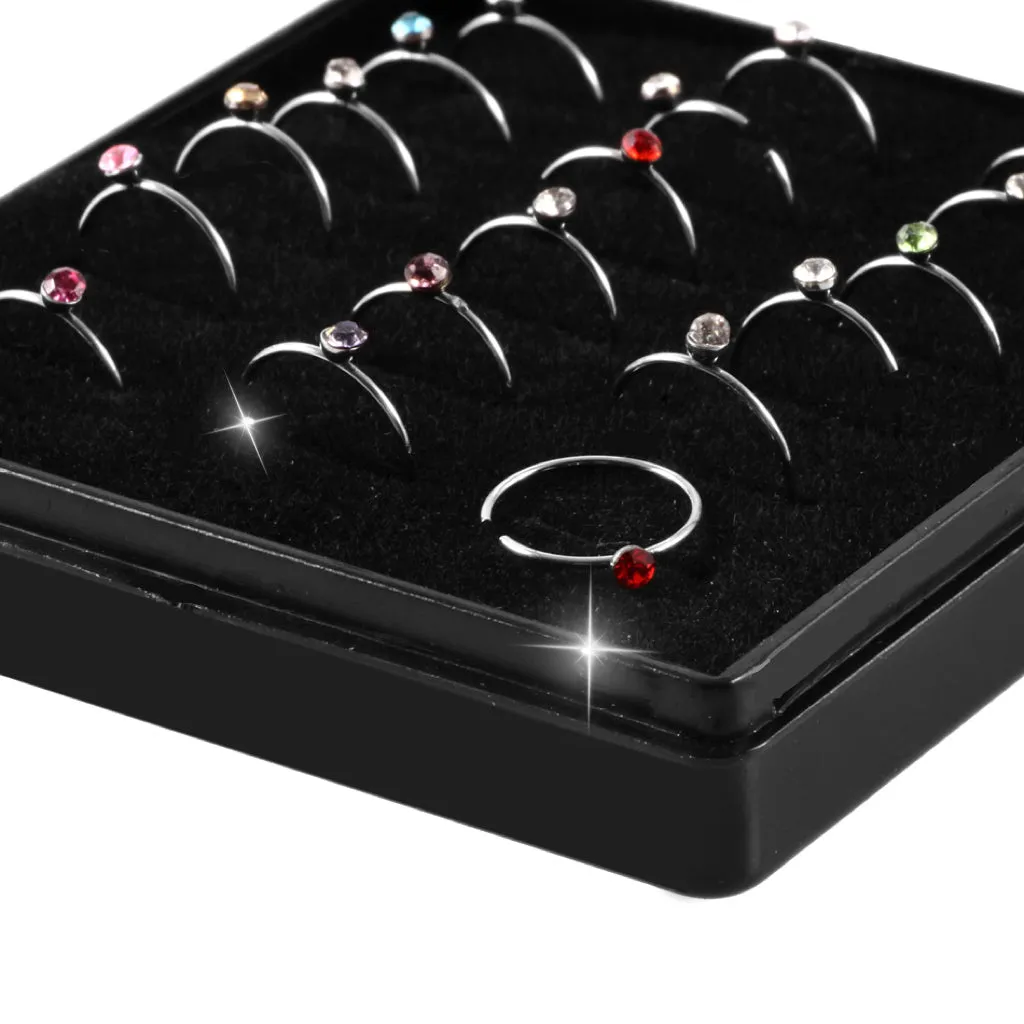 18PCS Box Set 316L Steel Crystal Nose Rings 20G