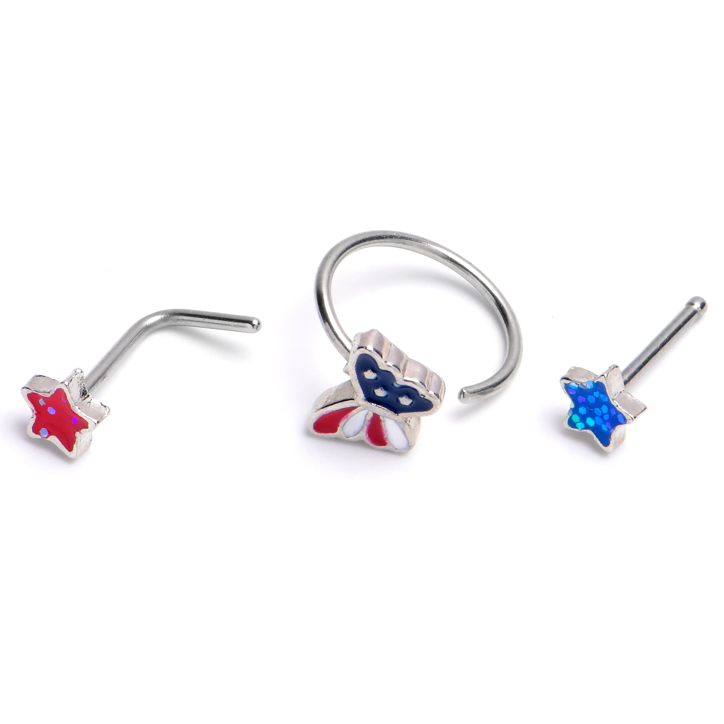 20 Gauge 1/4 Patriotic Star Butterfly Nose Hoop Bone Set of 3