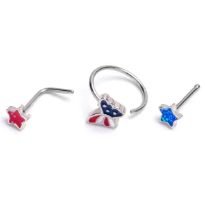 20 Gauge 1/4 Patriotic Star Butterfly Nose Hoop Bone Set of 3