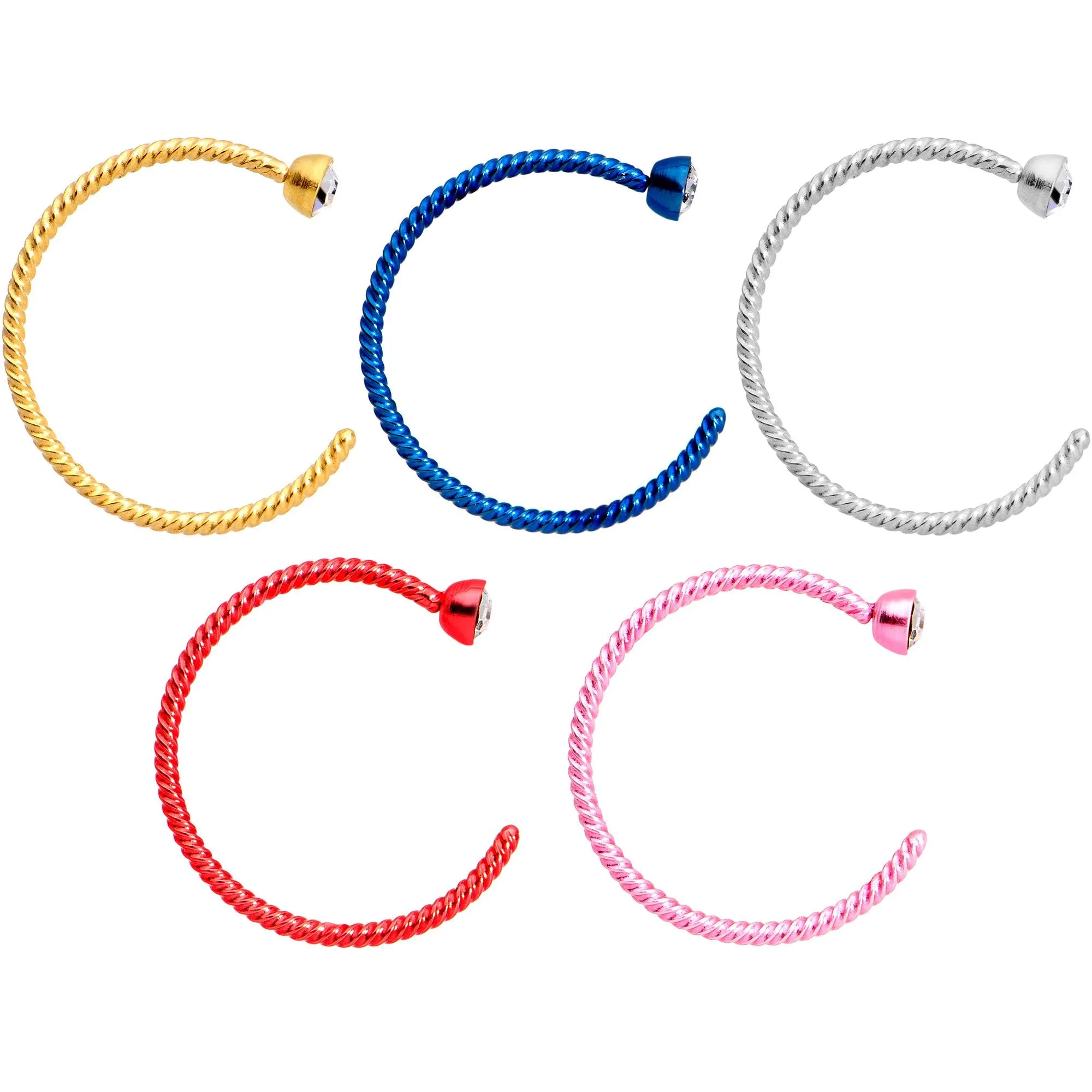 20 Gauge 3/8 Clear Gem Multicolor Pack Set of 5 Twisted Nose Hoop Rings