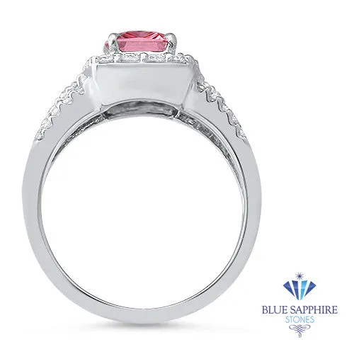 2.25ct Emerald Cut Pink Sapphire Ring with Diamond halo in 18K White Gold