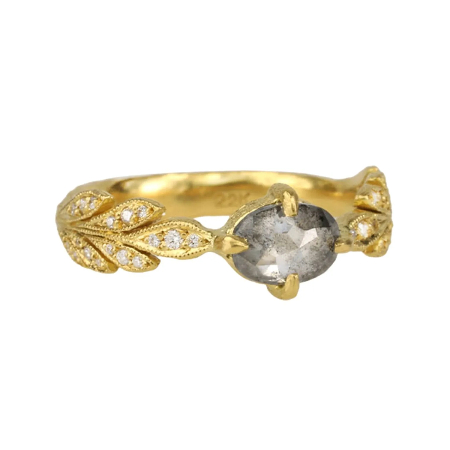 22K Gold "Leafside" Ring with Grey Rosecut Diamond Center