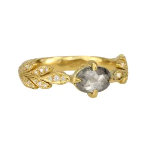 22K Gold "Leafside" Ring with Grey Rosecut Diamond Center