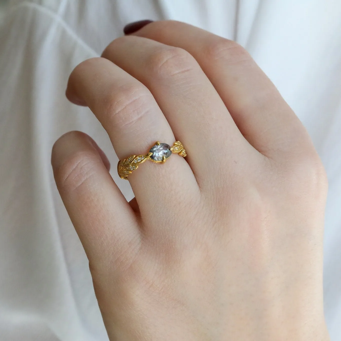 22K Gold "Leafside" Ring with Grey Rosecut Diamond Center