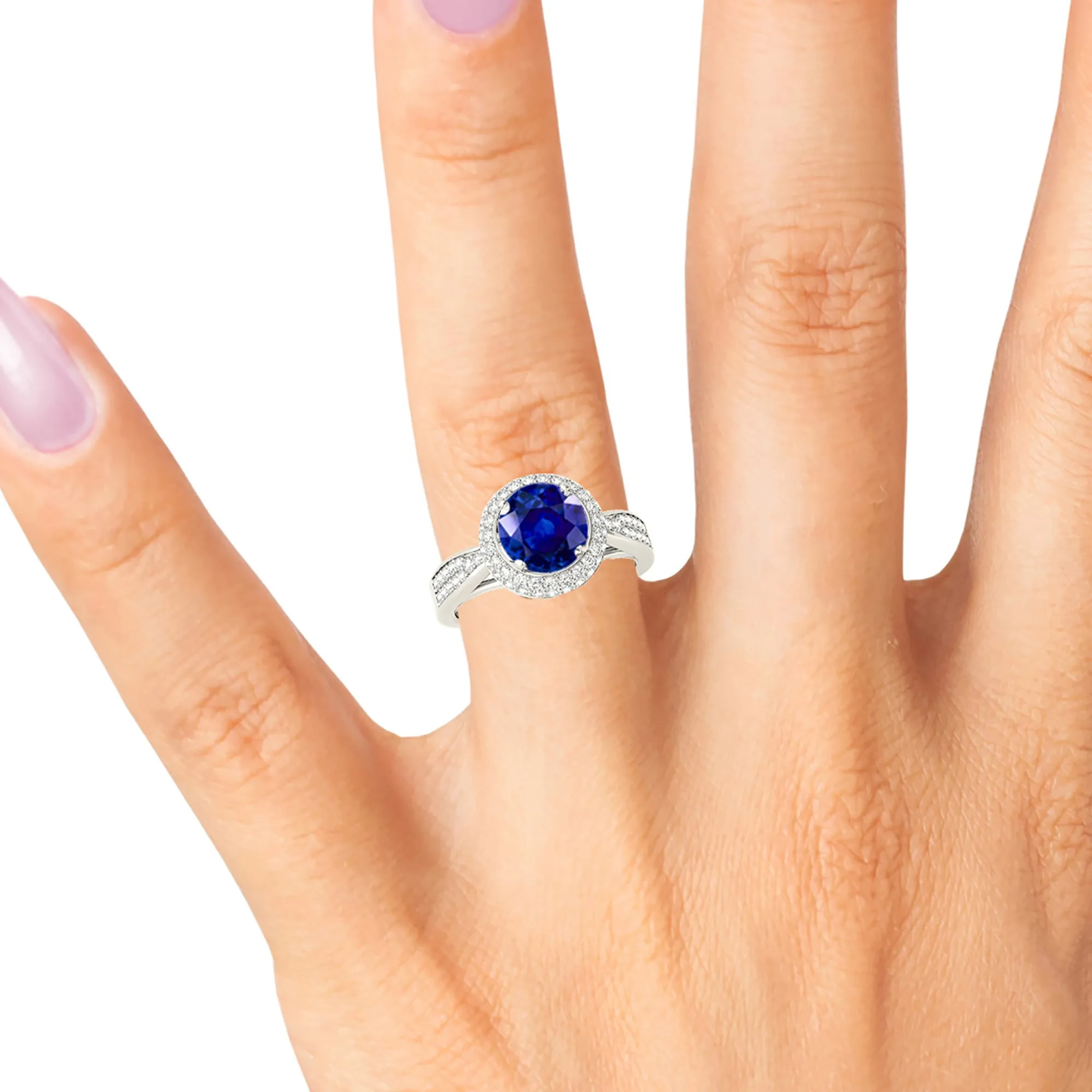 2.40 ct. Genuine Blue Sapphire Halo Ring With Pave Set Side Diamonds