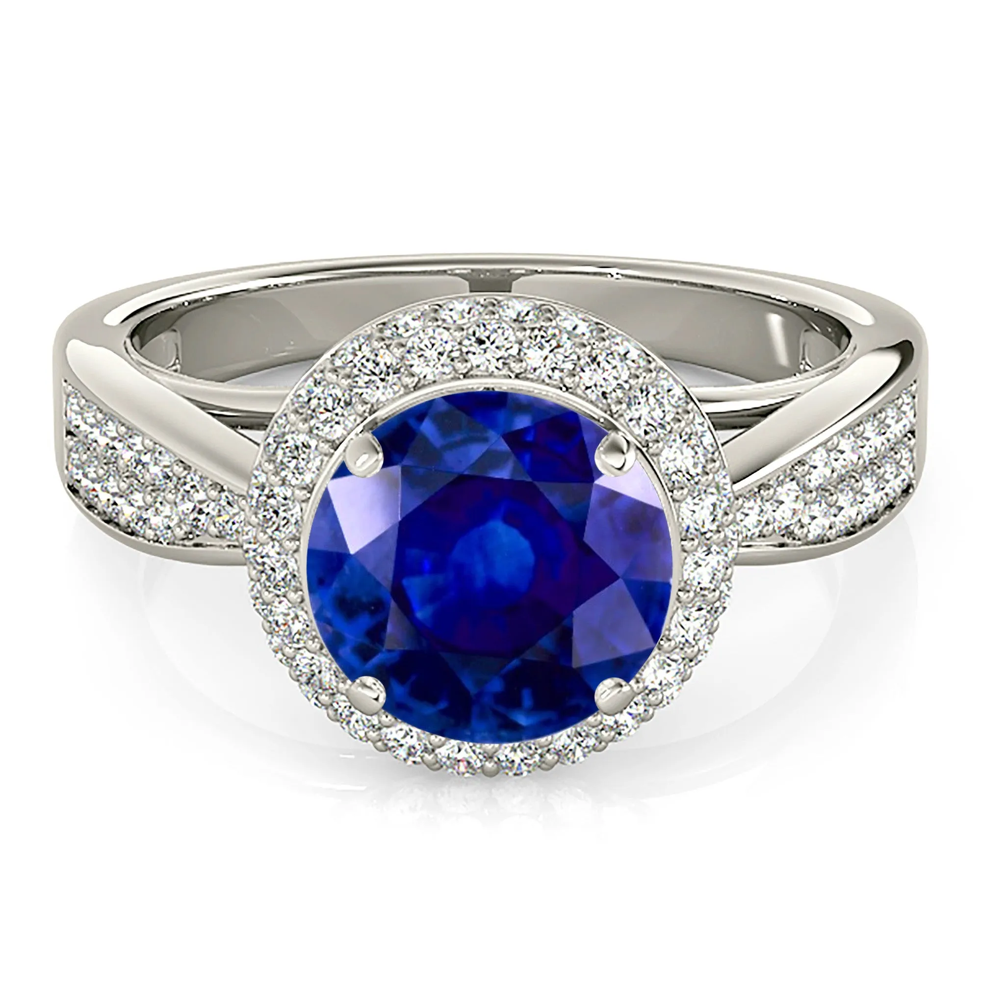2.40 ct. Genuine Blue Sapphire Halo Ring With Pave Set Side Diamonds