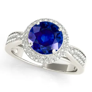 2.40 ct. Genuine Blue Sapphire Halo Ring With Pave Set Side Diamonds